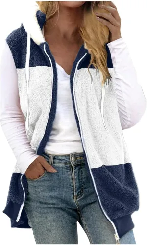 Womens Fuzzy Sherpa Fleece Jacket Lightweight Cozy Hooded Vest Sleeveless Full Zip Cardigan Fluffy Warm Hoodie Outwear