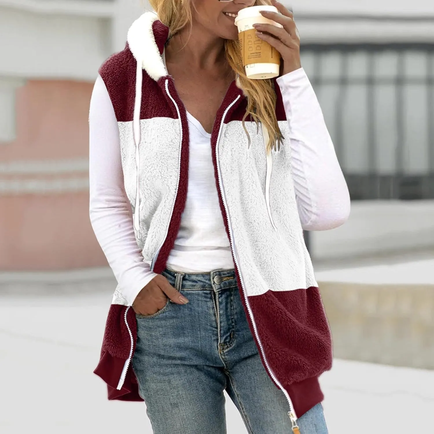 Womens Fuzzy Sherpa Fleece Jacket Lightweight Cozy Hooded Vest Sleeveless Full Zip Cardigan Fluffy Warm Hoodie Outwear