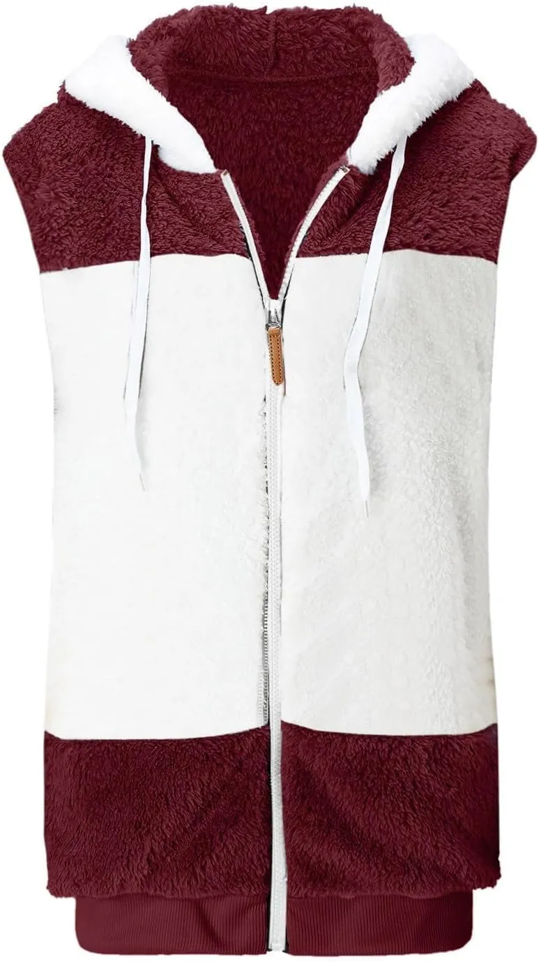 Womens Fuzzy Sherpa Fleece Jacket Lightweight Cozy Hooded Vest Sleeveless Full Zip Cardigan Fluffy Warm Hoodie Outwear
