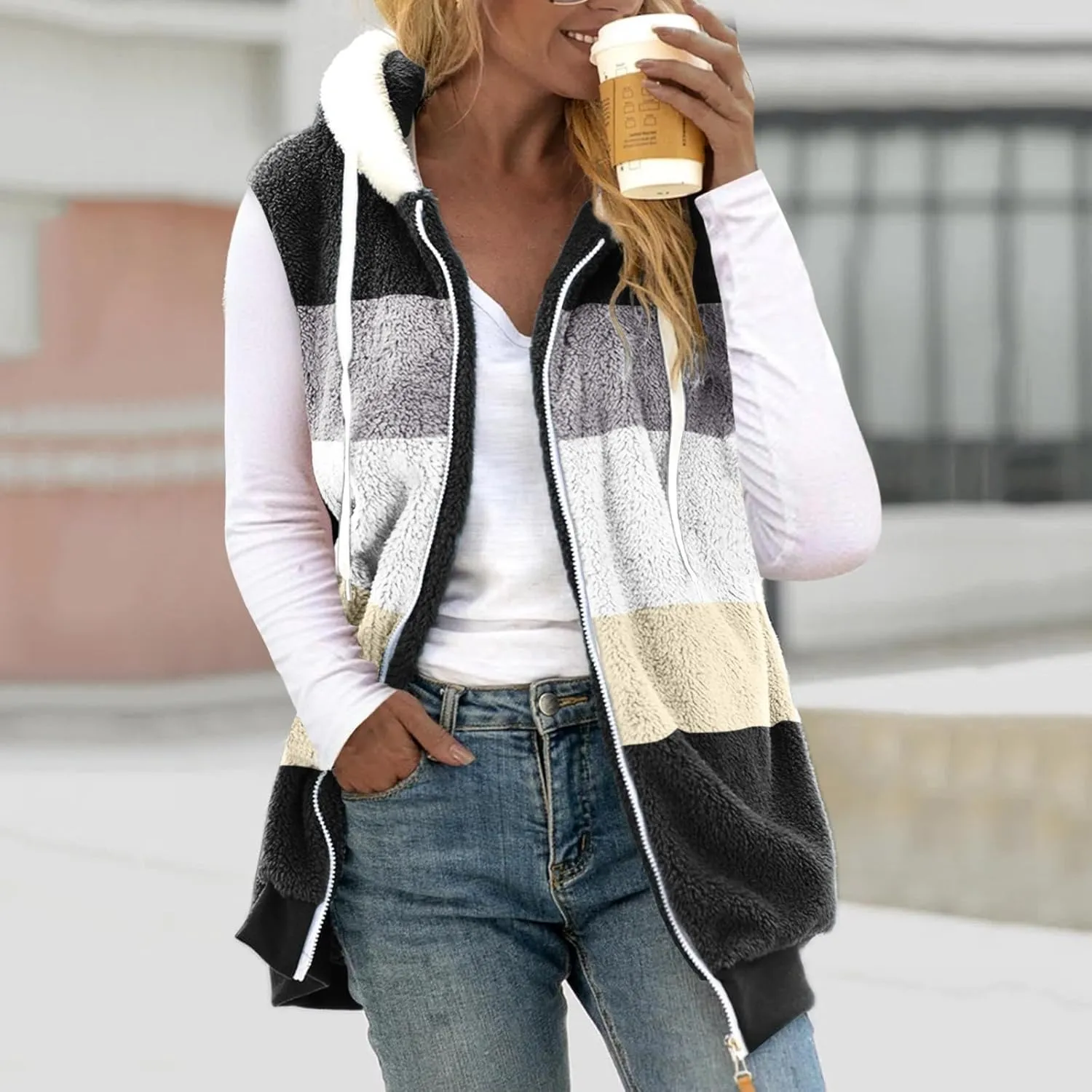 Womens Fuzzy Sherpa Fleece Jacket Lightweight Cozy Hooded Vest Sleeveless Full Zip Cardigan Fluffy Warm Hoodie Outwear