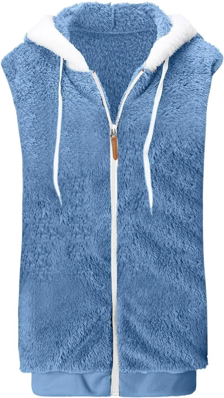 Womens Fuzzy Sherpa Fleece Jacket Lightweight Cozy Hooded Vest Sleeveless Full Zip Cardigan Fluffy Warm Hoodie Outwear