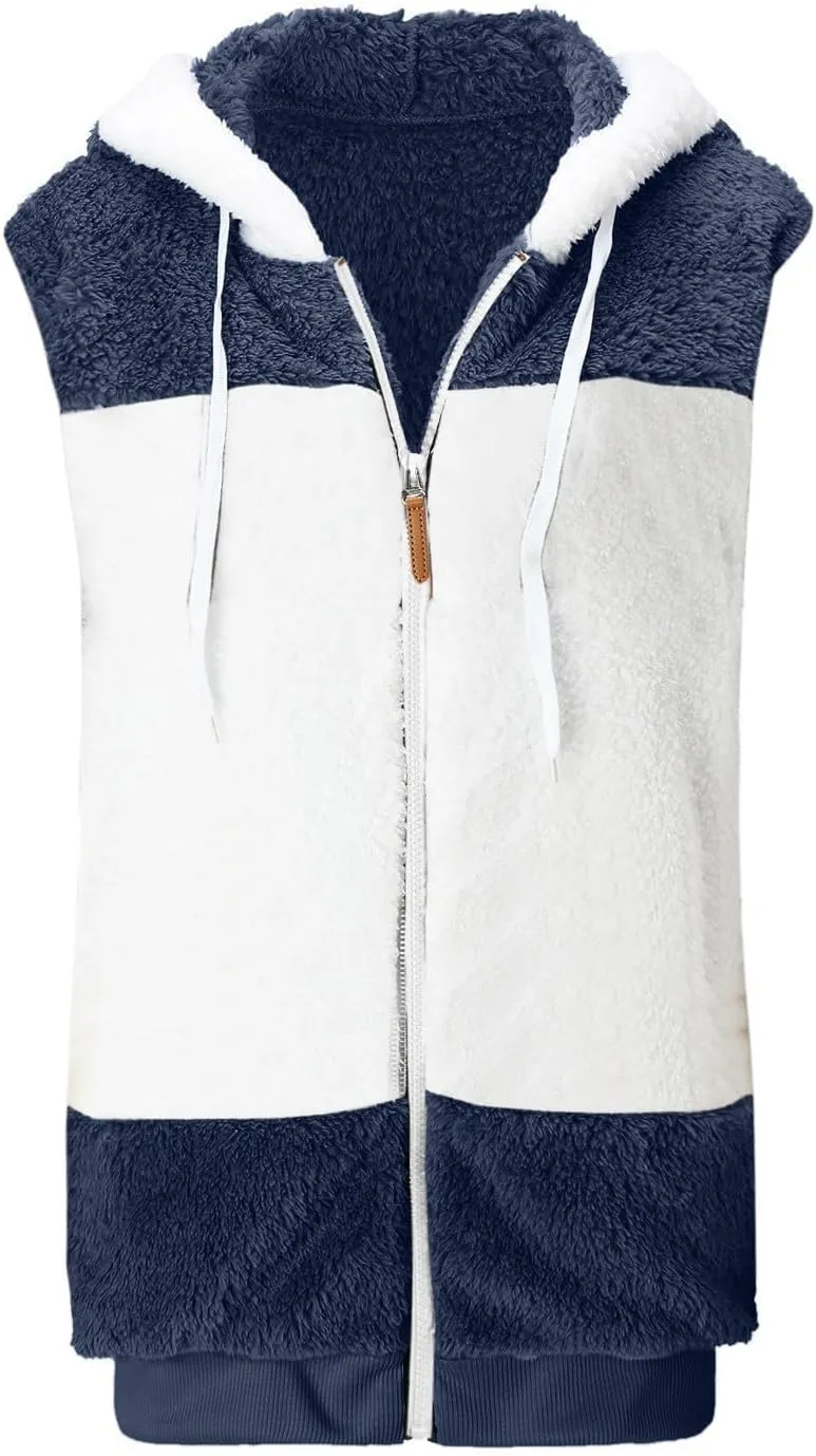 Womens Fuzzy Sherpa Fleece Jacket Lightweight Cozy Hooded Vest Sleeveless Full Zip Cardigan Fluffy Warm Hoodie Outwear