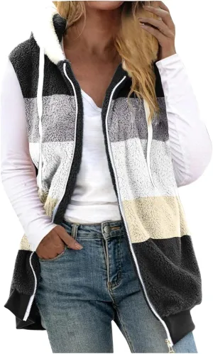 Womens Fuzzy Sherpa Fleece Jacket Lightweight Cozy Hooded Vest Sleeveless Full Zip Cardigan Fluffy Warm Hoodie Outwear