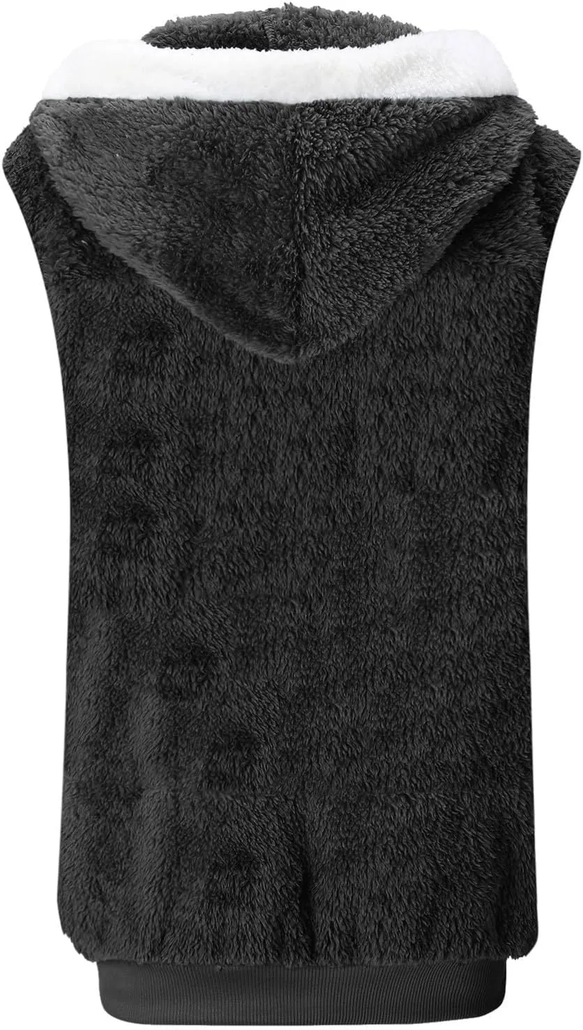 Womens Fuzzy Sherpa Fleece Jacket Lightweight Cozy Hooded Vest Sleeveless Full Zip Cardigan Fluffy Warm Hoodie Outwear