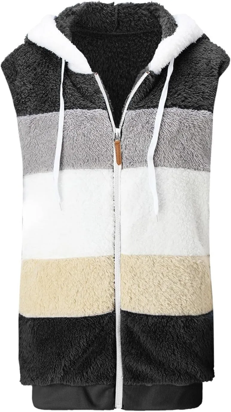 Womens Fuzzy Sherpa Fleece Jacket Lightweight Cozy Hooded Vest Sleeveless Full Zip Cardigan Fluffy Warm Hoodie Outwear