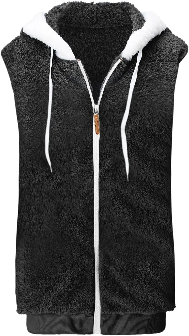 Womens Fuzzy Sherpa Fleece Jacket Lightweight Cozy Hooded Vest Sleeveless Full Zip Cardigan Fluffy Warm Hoodie Outwear