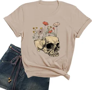 Womens Halloween Shirts Vintage Graphic Tees Funny Ghost Printed Cute Tops Casual Loose Fit Shirts Skull Teen Girl Clothes