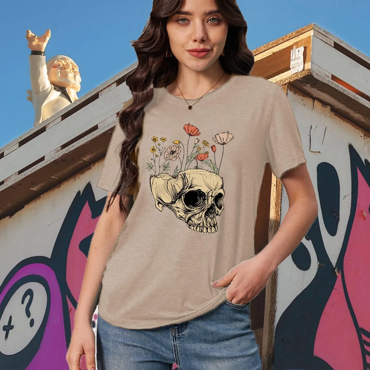 Womens Halloween Shirts Vintage Graphic Tees Funny Ghost Printed Cute Tops Casual Loose Fit Shirts Skull Teen Girl Clothes
