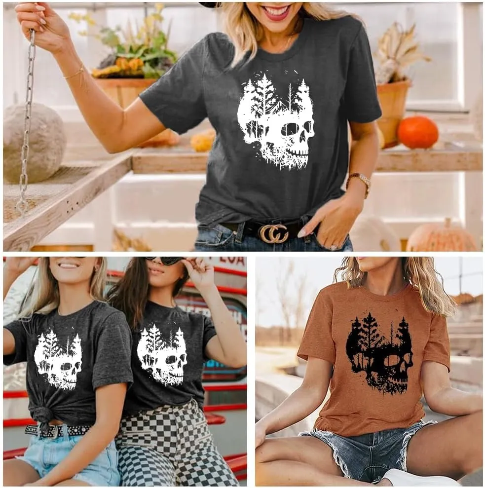 Womens Halloween Shirts Vintage Graphic Tees Funny Ghost Printed Cute Tops Casual Loose Fit Shirts Skull Teen Girl Clothes