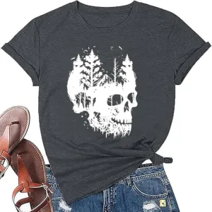 Womens Halloween Shirts Vintage Graphic Tees Funny Ghost Printed Cute Tops Casual Loose Fit Shirts Skull Teen Girl Clothes
