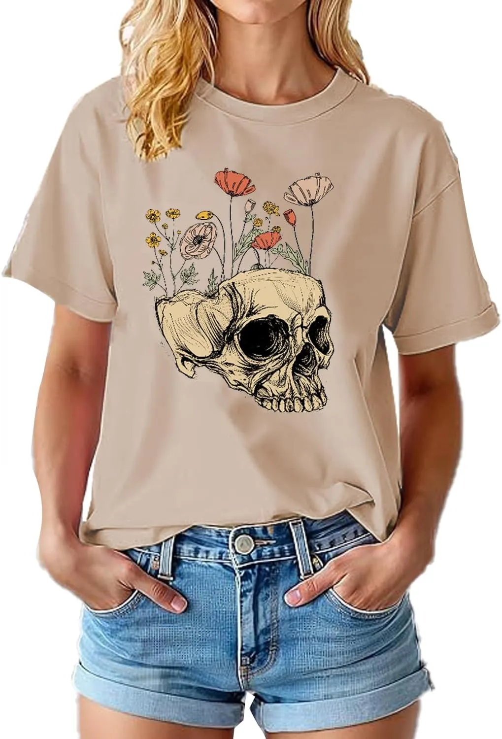 Womens Halloween Shirts Vintage Graphic Tees Funny Ghost Printed Cute Tops Casual Loose Fit Shirts Skull Teen Girl Clothes