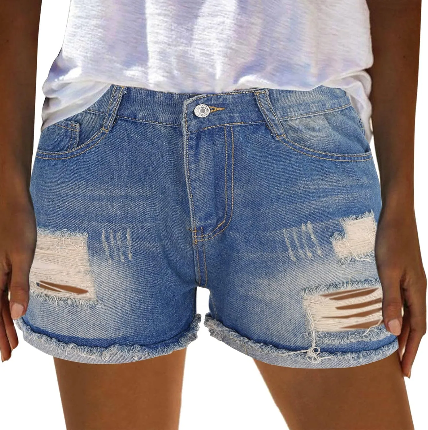 Women's High Waisted Denim Shorts Ripped Hem Frayed Distressed Short Jeans