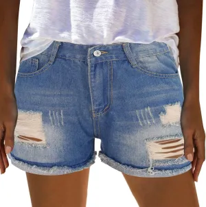 Women's High Waisted Denim Shorts Ripped Hem Frayed Distressed Short Jeans
