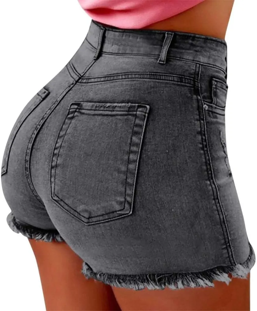 Womens High Waisted Denim Shorts Stretchy Summer Ripped Distressed Jean Shorts Casual Trendy Frayed Raw Hem Shorts