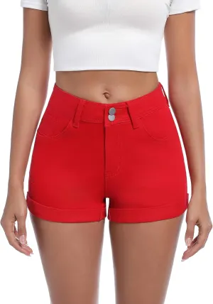 Women's High Waisted Stretchy Denim Shorts Cuffed Jean Shorts