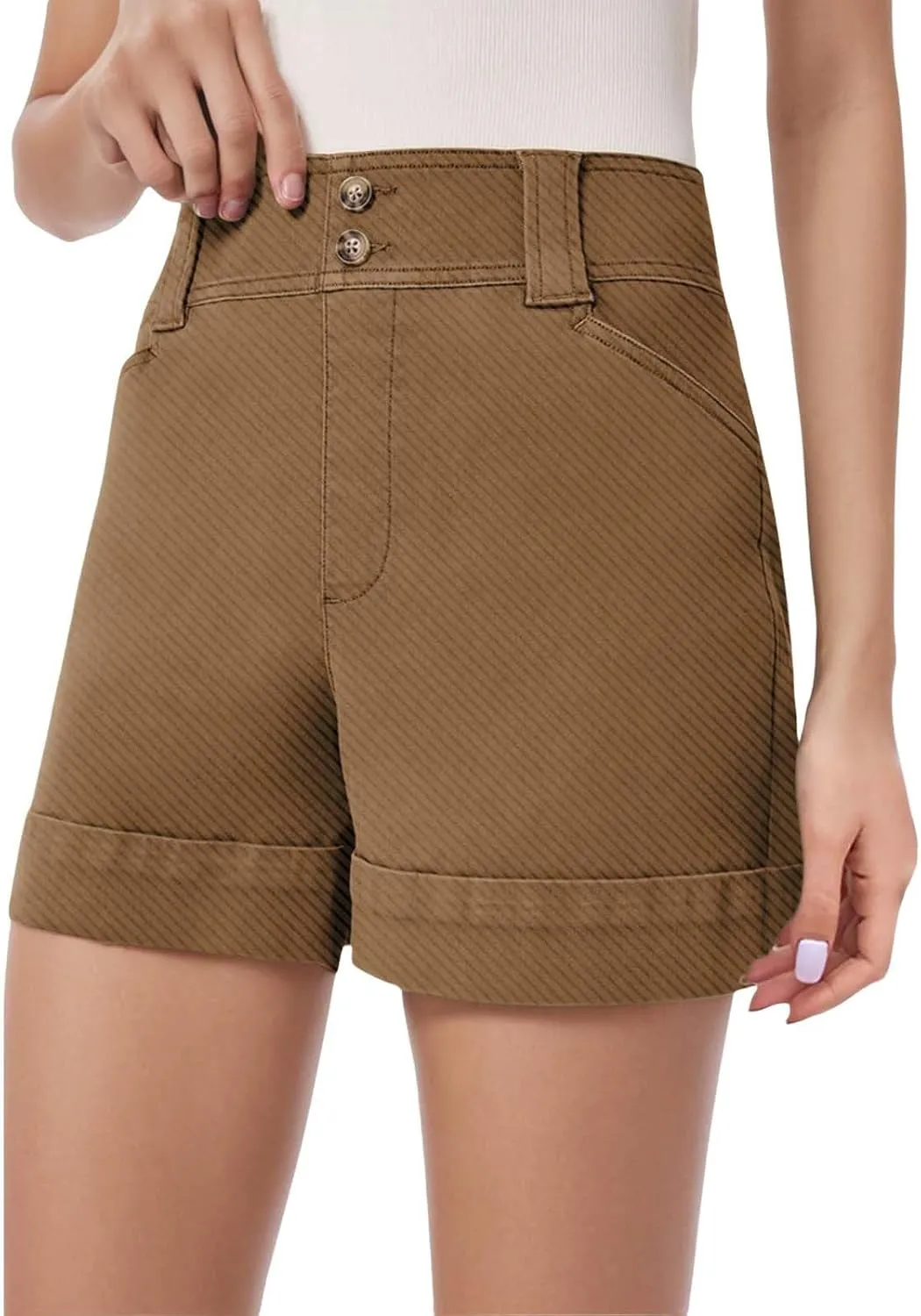 Women's Jean Shorts High Waisted Twill Folded Hem Short Pants Stretchy Button Down Trendy Summer Denim Shorts with Pockets