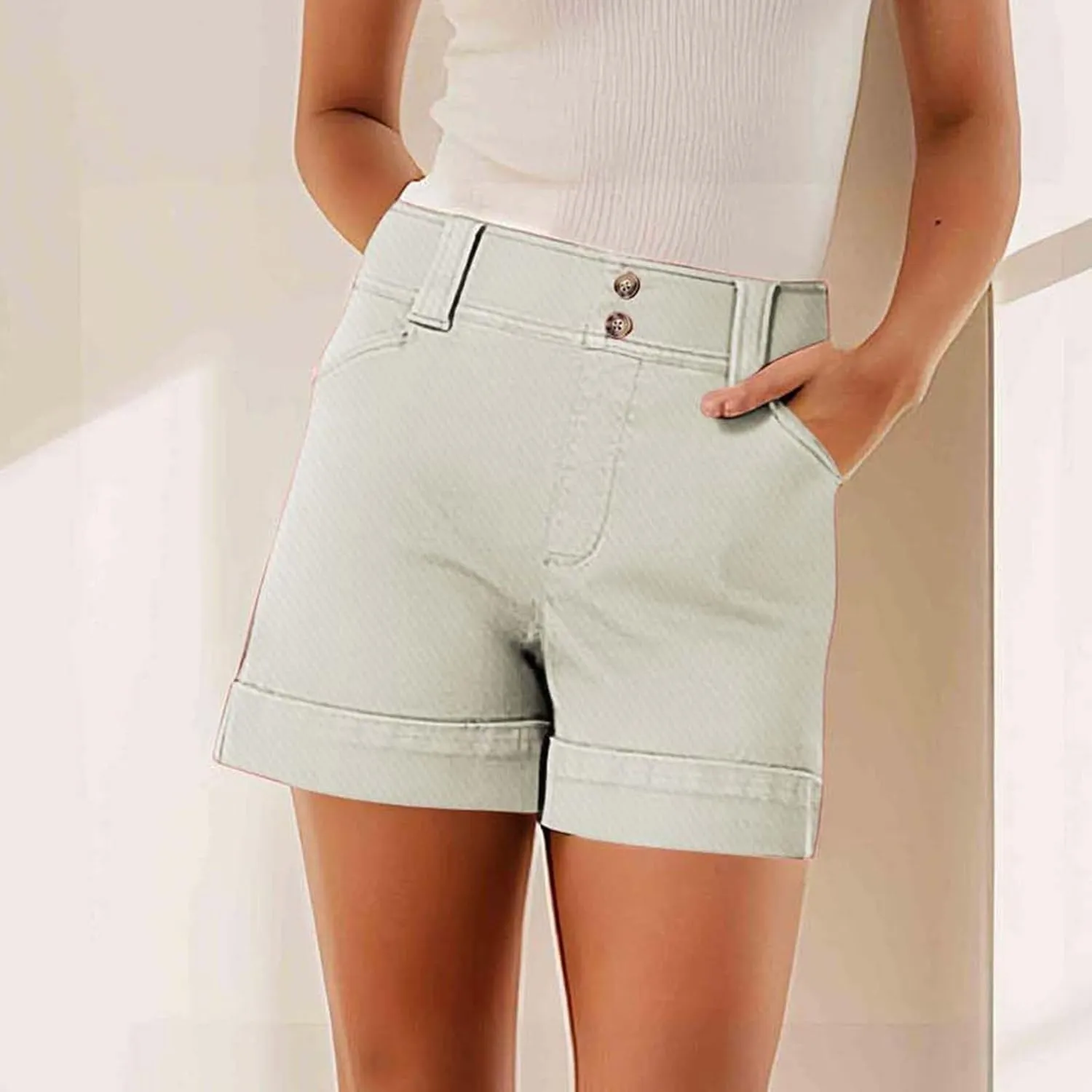 Women's Jean Shorts High Waisted Twill Folded Hem Short Pants Stretchy Button Down Trendy Summer Denim Shorts with Pockets