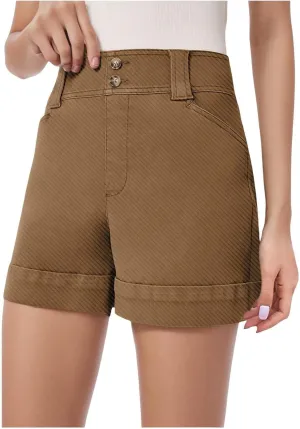 Women's Jean Shorts High Waisted Twill Folded Hem Short Pants Stretchy Button Down Trendy Summer Denim Shorts with Pockets