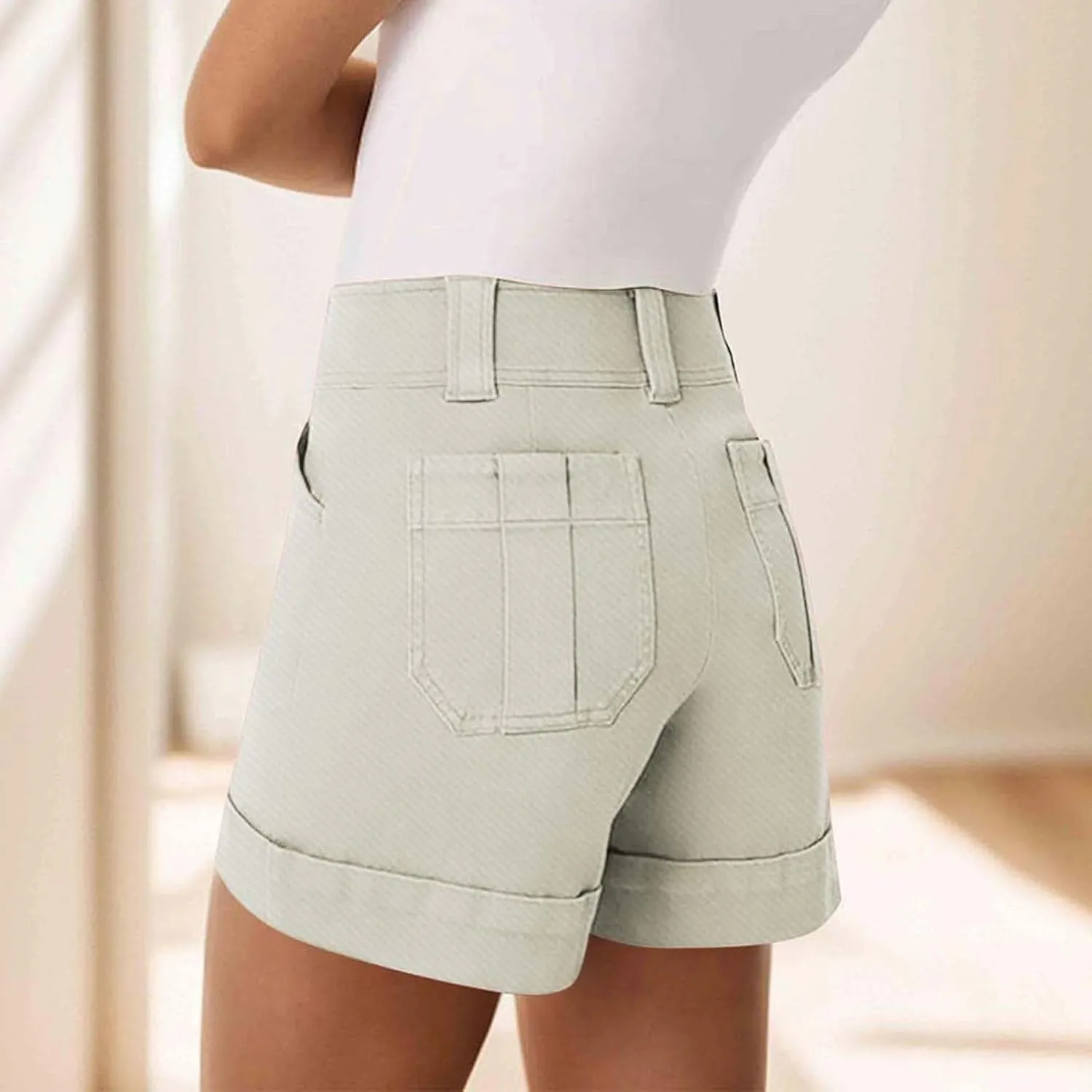 Women's Jean Shorts High Waisted Twill Folded Hem Short Pants Stretchy Button Down Trendy Summer Denim Shorts with Pockets