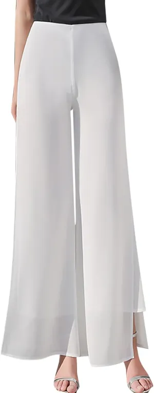 Women's Lightweight Chiffon High Elastic Waist Flowing Trousers Flared Straight Leg Wedding Cocktail Culottes