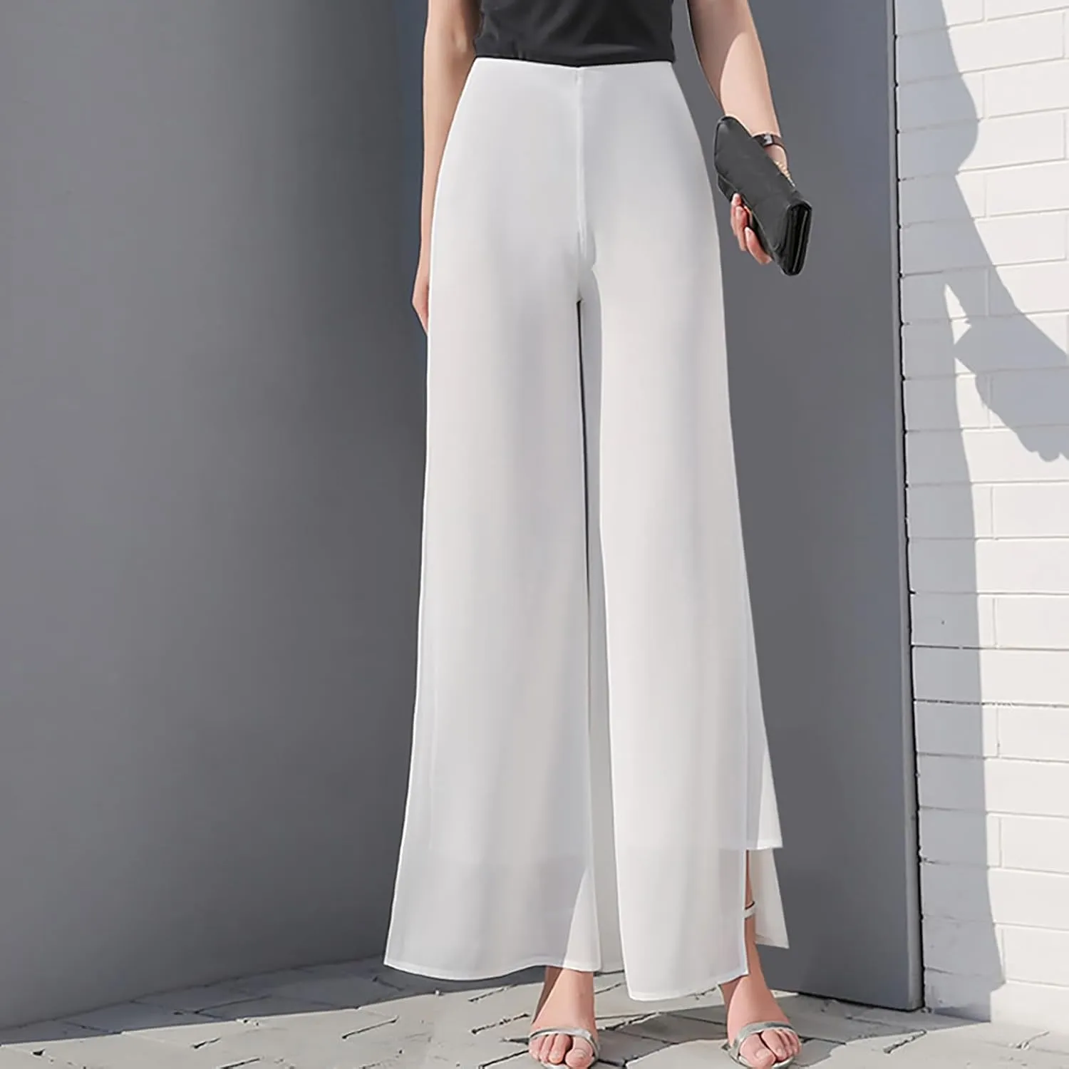 Women's Lightweight Chiffon High Elastic Waist Flowing Trousers Flared Straight Leg Wedding Cocktail Culottes