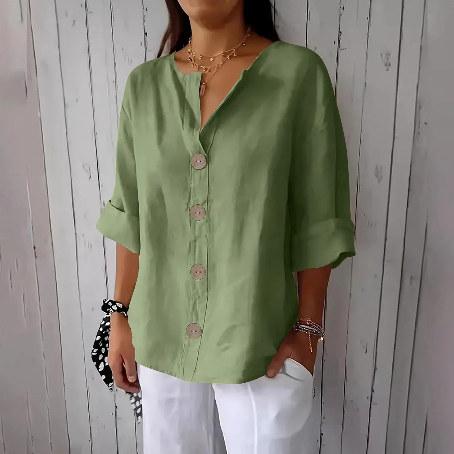 Women's Linen Shirt Button Down V Neck Solid Dressy Blouse 3/4 Sleeves Casual Loose Fit Tunic Tops Summer T Shirts