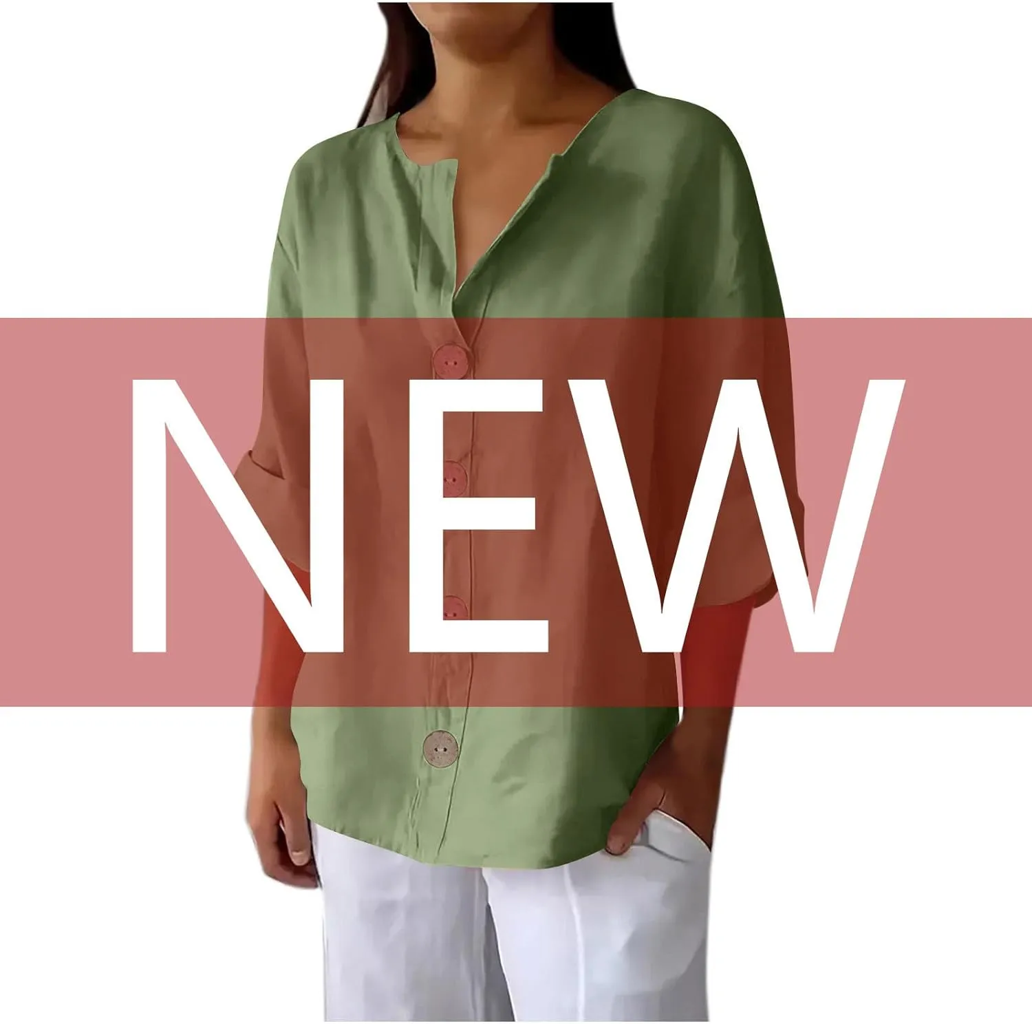 Women's Linen Shirt Button Down V Neck Solid Dressy Blouse 3/4 Sleeves Casual Loose Fit Tunic Tops Summer T Shirts