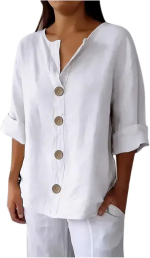 Women's Linen Shirt Button Down V Neck Solid Dressy Blouse 3/4 Sleeves Casual Loose Fit Tunic Tops Summer T Shirts