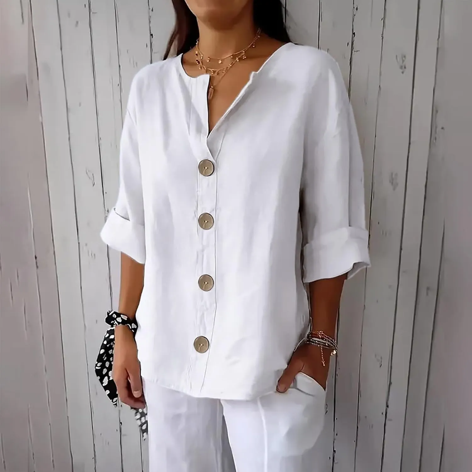 Women's Linen Shirt Button Down V Neck Solid Dressy Blouse 3/4 Sleeves Casual Loose Fit Tunic Tops Summer T Shirts