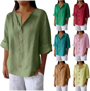 Women's Linen Shirt Button Down V Neck Solid Dressy Blouse 3/4 Sleeves Casual Loose Fit Tunic Tops Summer T Shirts