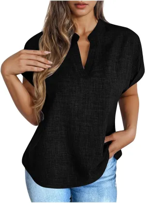 Women's Linen Shirts Short Sleeve Summer Tops V Neck Casual Blouses Loose Fit Tunic Tops Comfy Tshirts Cruise Wear