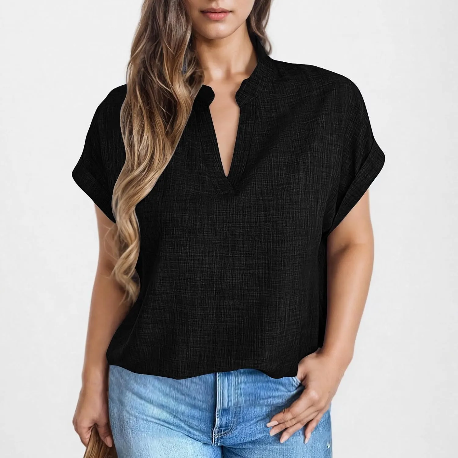 Women's Linen Shirts Short Sleeve Summer Tops V Neck Casual Blouses Loose Fit Tunic Tops Comfy Tshirts Cruise Wear