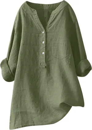 Women's Linen Shirts Summer Cotton Linen Solid Short Sleeve T Shirts Casual Loose Fit Trendy V Neck Blouses
