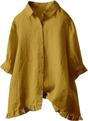 Womens Linen Shirts V Neck Button Blouse Collar Soft Tee Top Short Sleeve Loose Fit T-Shirts