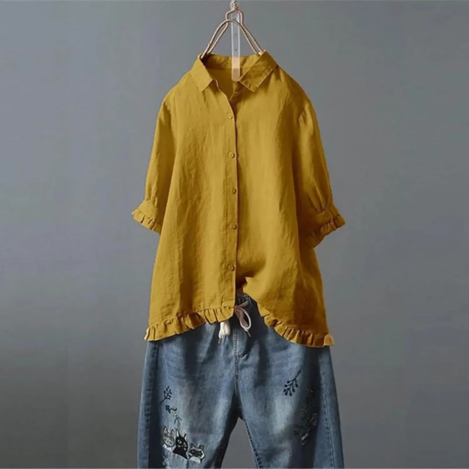 Womens Linen Shirts V Neck Button Blouse Collar Soft Tee Top Short Sleeve Loose Fit T-Shirts
