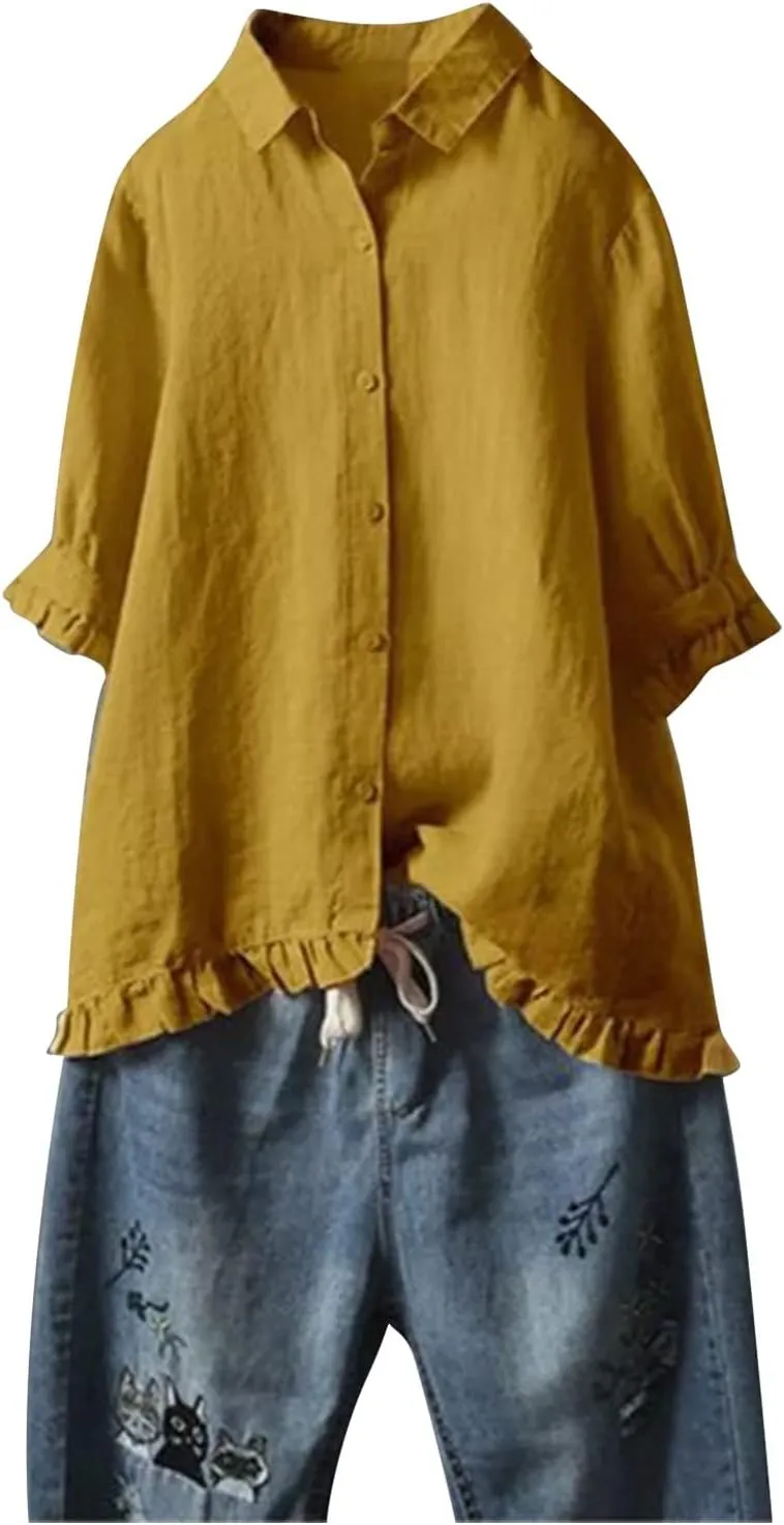 Womens Linen Shirts V Neck Button Blouse Collar Soft Tee Top Short Sleeve Loose Fit T-Shirts