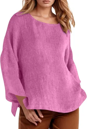 Women's Linen Shirts V Neck Button Blouse Plain Comfy Tee Top Short Sleeve Loose Fit Shirt