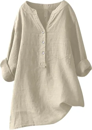 Womens Linen Shirts V Neck Button Up Blouse Solid Color Comfy Tops Long Sleeve Loose T Shirt