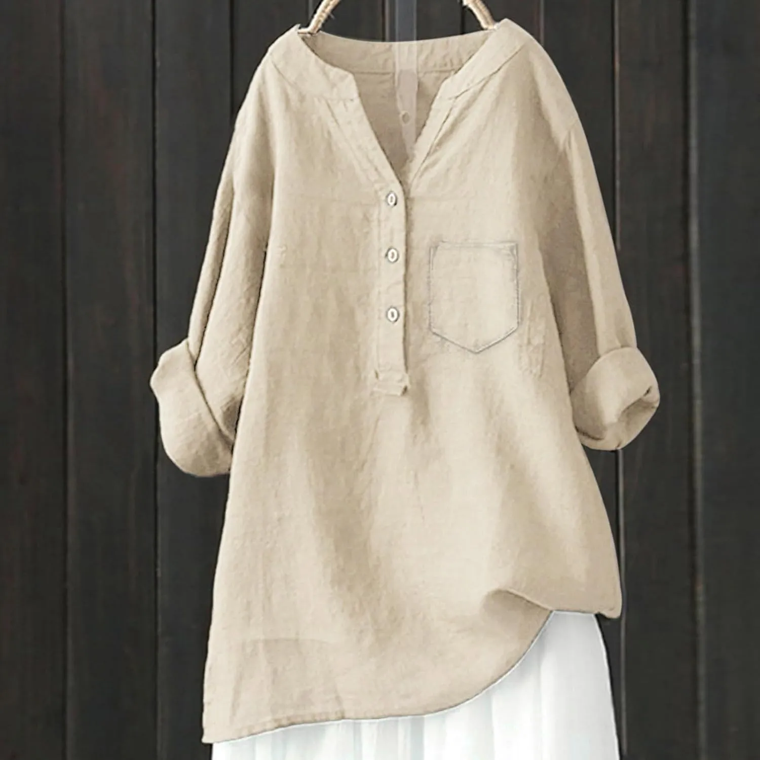 Womens Linen Shirts V Neck Button Up Blouse Solid Color Comfy Tops Long Sleeve Loose T Shirt