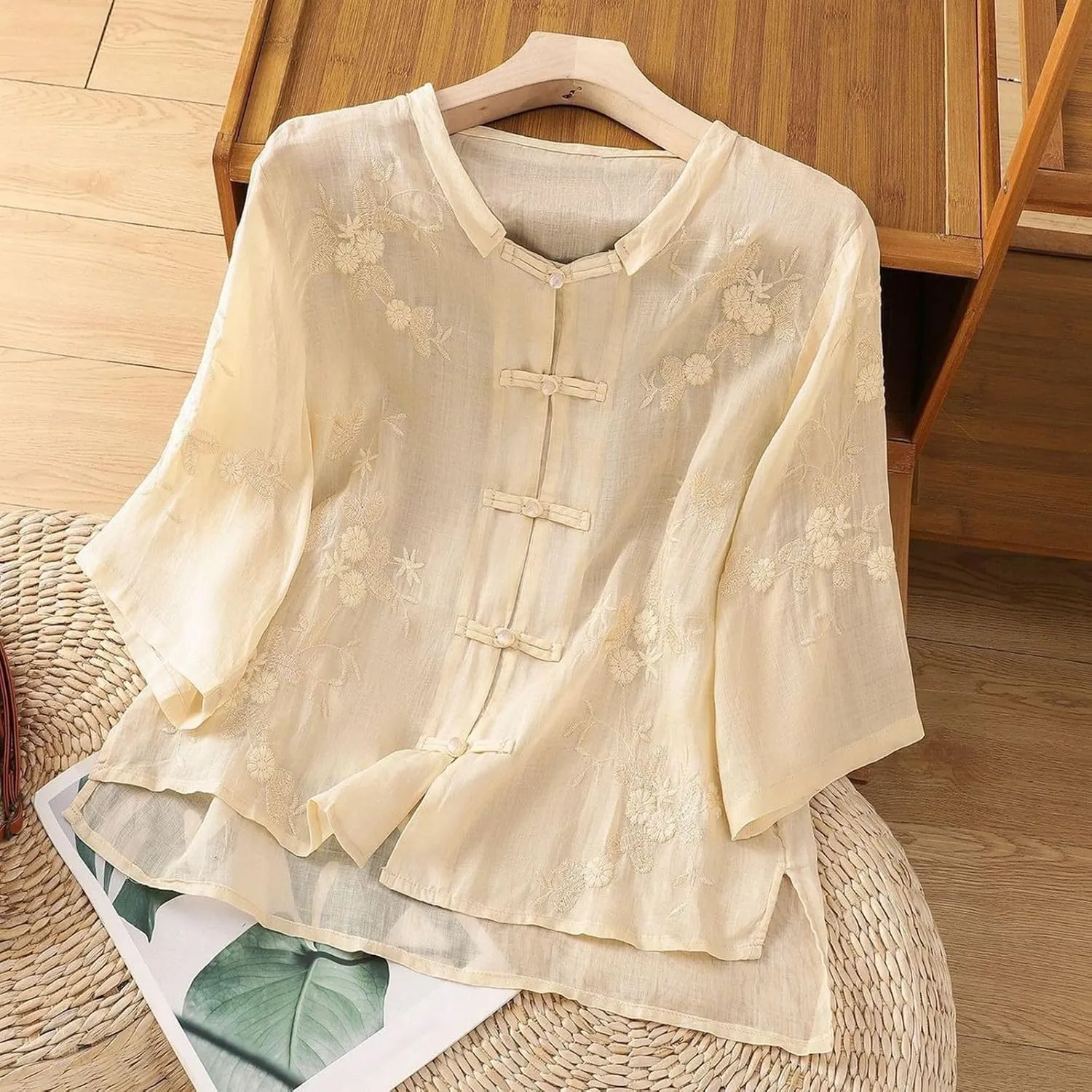 Women's Linen Shirts V-Neck Embroidered Blouse Collared Dress Tshirt Long Sleeve Loose Fit Shirts