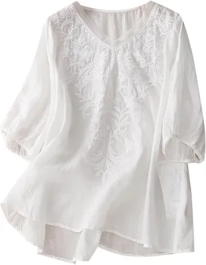 Women's Linen Shirts V-Neck Embroidered Blouse Collared Dress Tshirt Long Sleeve Loose Fit Shirts