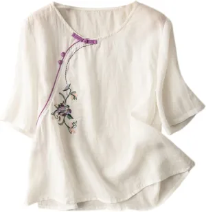 Women's Linen Shirts V-Neck Embroidered Blouse Collared Dress Tshirt Long Sleeve Loose Fit Shirts