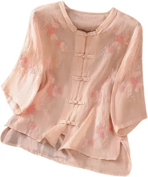 Women's Linen Shirts V-Neck Embroidered Blouse Collared Dress Tshirt Long Sleeve Loose Fit Shirts