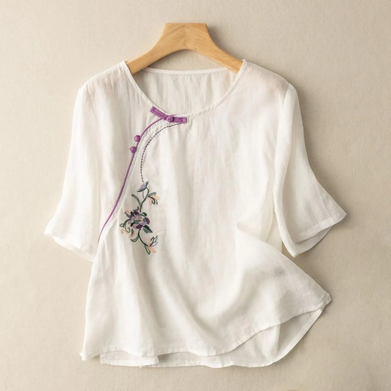 Women's Linen Shirts V-Neck Embroidered Blouse Collared Dress Tshirt Long Sleeve Loose Fit Shirts