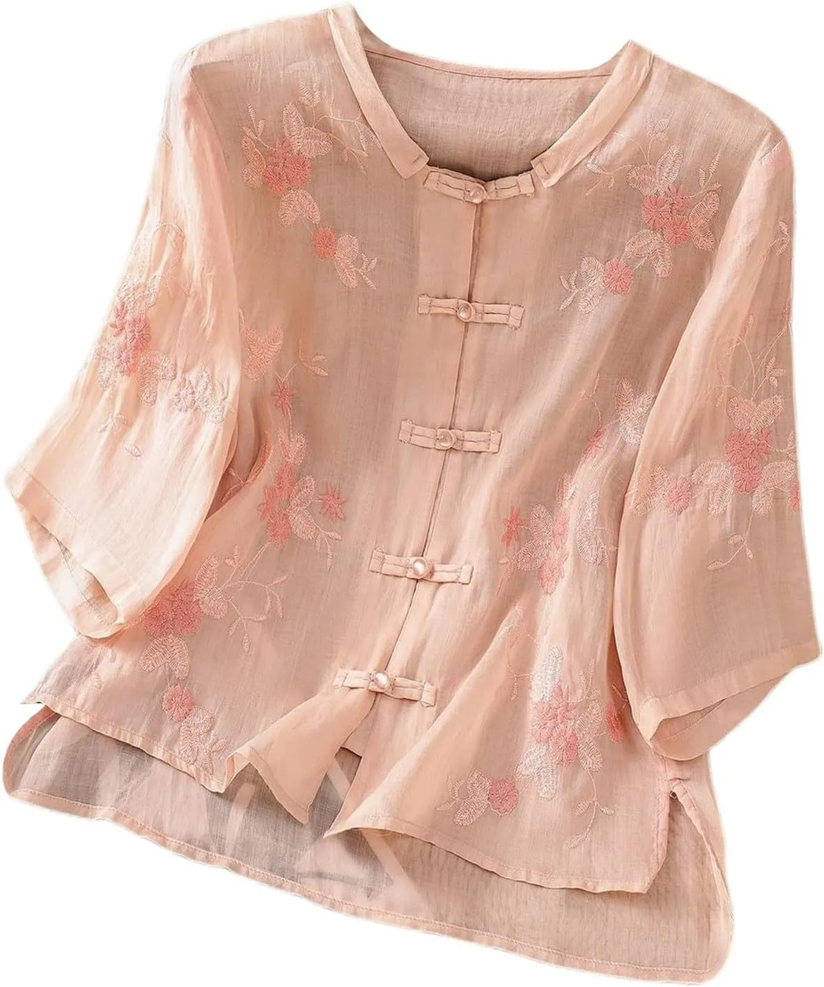 Women's Linen Shirts V-Neck Embroidered Blouse Collared Dress Tshirt Long Sleeve Loose Fit Shirts