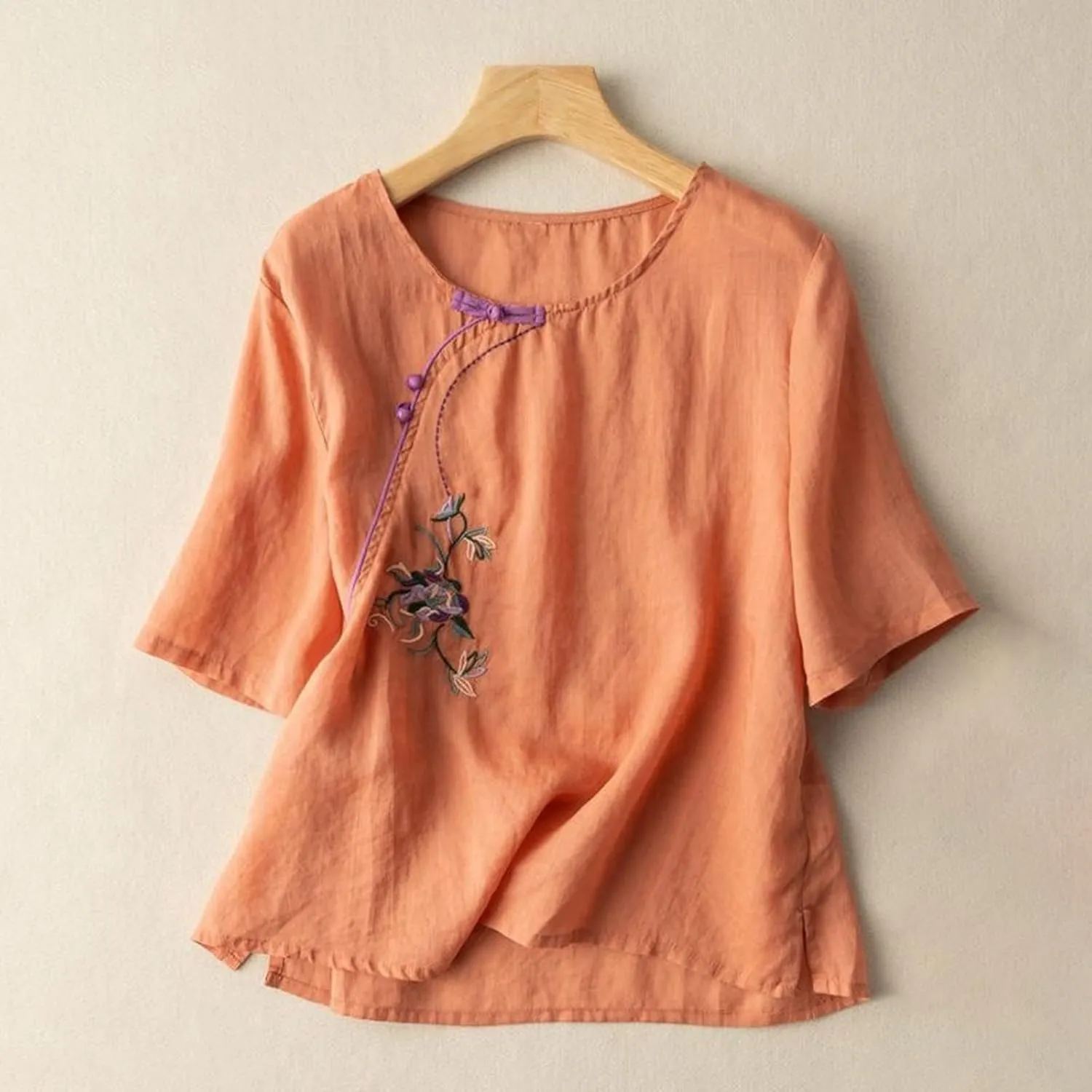 Women's Linen Shirts V-Neck Embroidered Blouse Collared Dress Tshirt Long Sleeve Loose Fit Shirts