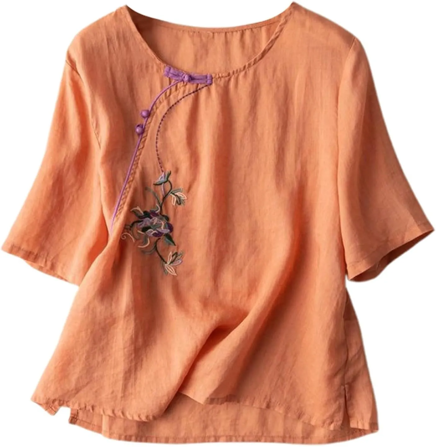 Women's Linen Shirts V-Neck Embroidered Blouse Collared Dress Tshirt Long Sleeve Loose Fit Shirts