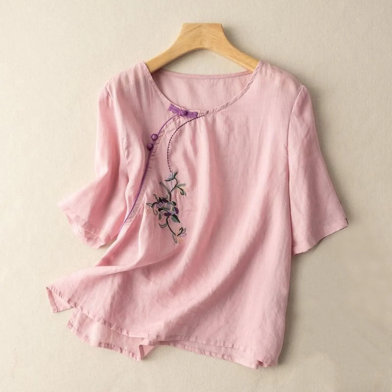 Women's Linen Shirts V-Neck Embroidered Blouse Collared Dress Tshirt Long Sleeve Loose Fit Shirts