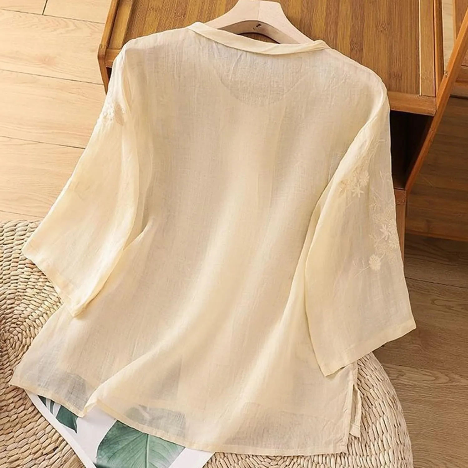 Women's Linen Shirts V-Neck Embroidered Blouse Collared Dress Tshirt Long Sleeve Loose Fit Shirts