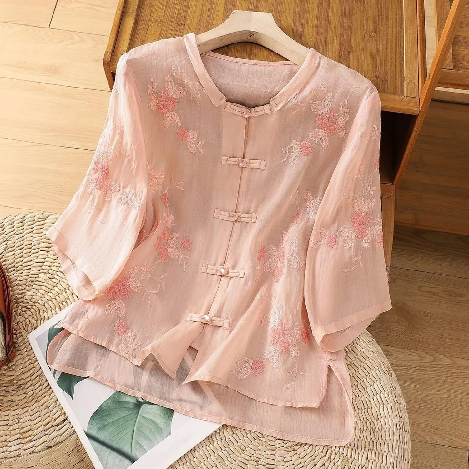 Women's Linen Shirts V-Neck Embroidered Blouse Collared Dress Tshirt Long Sleeve Loose Fit Shirts